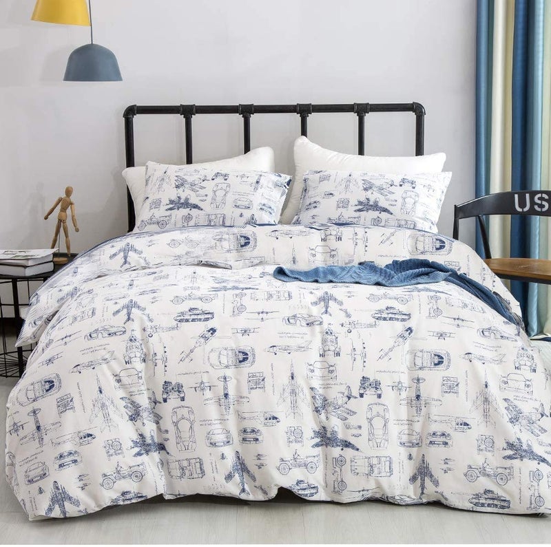 KAREVER Aircraft Comforter Set Full Boys White Cartoon Bedding Set Alternative Comforters Airplane Car Tank Printed White Bedding Blanket Full for Children Teen Boy with Microfiber Inner Insert - Image 4